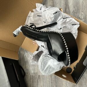 Fashion Nova Black Heeled Sandals with Pearl Detailing